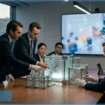 Des experts financiers en costume analysent des cubes de verre symbolisant les protocoles DeFi et KelpDAO dans une salle de conférence institutionnelle.