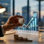 Main tenant une pièce Ripple XRP devant un graphique de croissance boursière vers 1,50 dollar