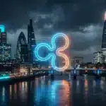 Logo Ripple lumineux au-dessus de la City de Londres illustrant l'enjeu de la régulation crypto