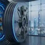 Un coffre-fort technologique ouvert révélant des jetons XRP devant la skyline de Dubaï avec le Burj Khalifa