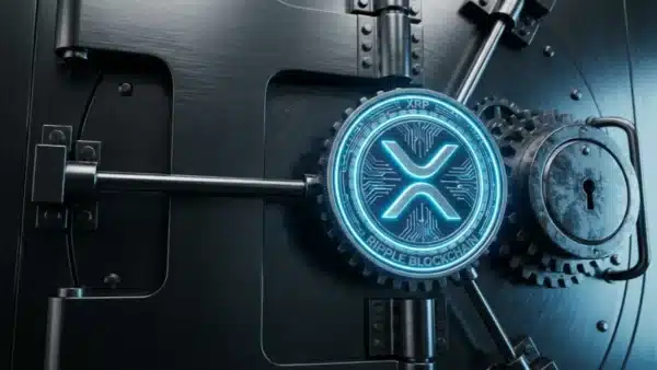 Logo XRP lumineux sur un coffre-fort blindé représentant la sécurité bancaire de Ripple