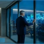 Un responsable de la SEC analyse un graphique holographique sur l'évolution des cryptomonnaies, symbolisant le changement de cap réglementaire.