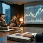 Membres de la SEC en réunion analysant des graphiques de cryptomonnaies et d'actions tokenisées