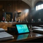 Dossiers législatifs et graphiques financiers lors d'une audience au Sénat américain
