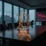 Symbole Bitcoin fissuré dans une salle de réunion sombre illustrant la crise de trésorerie de Sequans