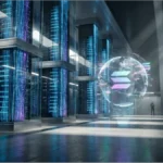 Serveurs informatiques futuristes reliés par des flux de données bleus à un globe terrestre numérique pour illustrer le réseau Solana.