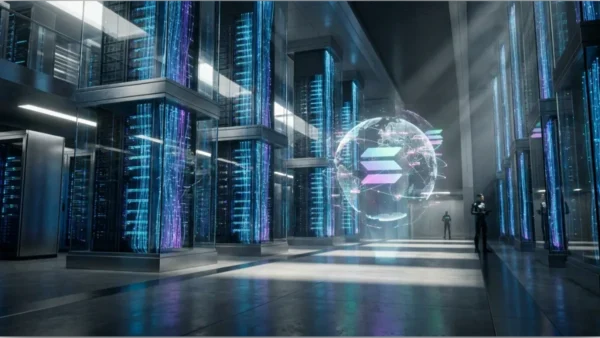 Serveurs informatiques futuristes reliés par des flux de données bleus à un globe terrestre numérique pour illustrer le réseau Solana.