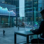 Un trader analyse un graphique holographique montrant une chute de 5% du cours de Solana sur un écran tactile.