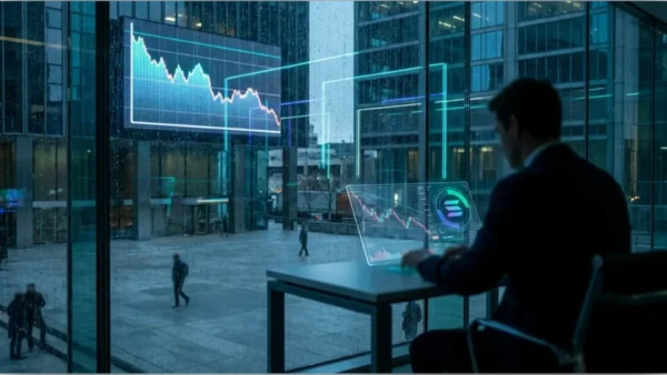 Un trader analyse un graphique holographique montrant une chute de 5% du cours de Solana sur un écran tactile.