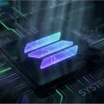Logo Solana fissuré sur un processeur électronique avec l'inscription Systemic Risk