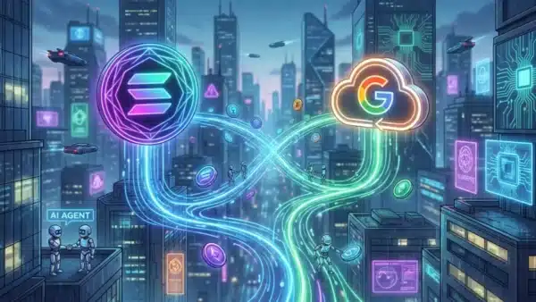 Illustration d'une ville futuriste montrant l'intégration de Solana et Google Cloud pour les paiements autonomes des agents IA