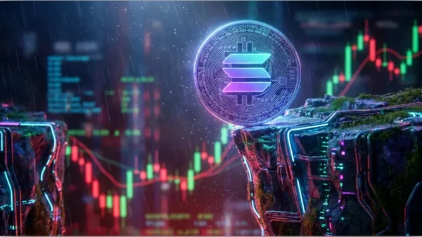 Pièce Solana en équilibre sur une falaise avec graphiques de trading en arrière-plan sous la pluie