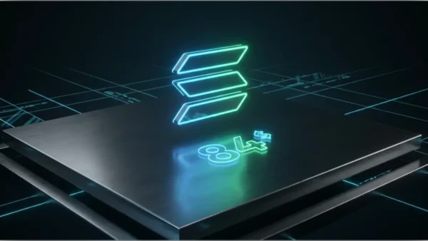 Logo Solana en néon sur socle métallique avec affichage du prix pour analyse technique