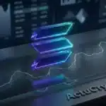 Logo Solana lumineux sur fond de circuit électronique et graphiques boursiers