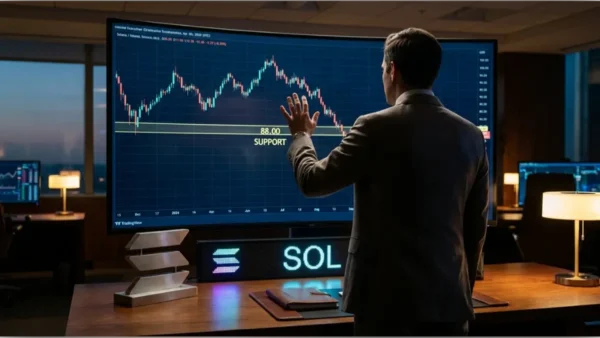 Graphique de trading Solana montrant le prix SOL testant un support à 88 dollars