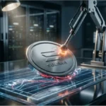Pièce Solana SOL sous la pression d'un bras robotique sur un graphique de trading