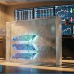 Logo Solana dans un bloc de glace fissuré au milieu d'une salle de marché