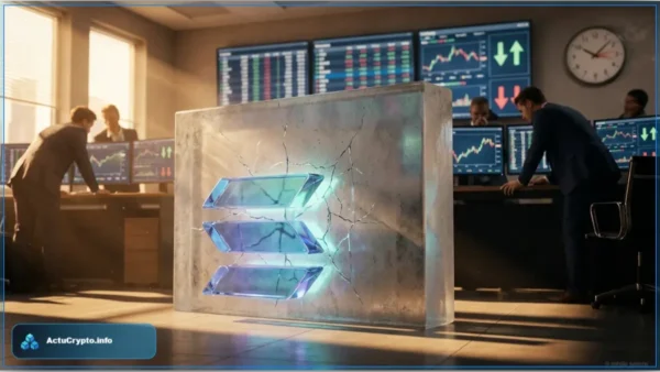 Logo Solana dans un bloc de glace fissuré au milieu d'une salle de marché