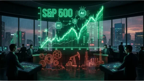 Graphique du S&P 500 aujourd’hui montrant une hausse liée à l'IA dans une salle de trading