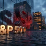 Graphique boursier en baisse de l'indice SP500 avec des barres rouges et une puce électronique