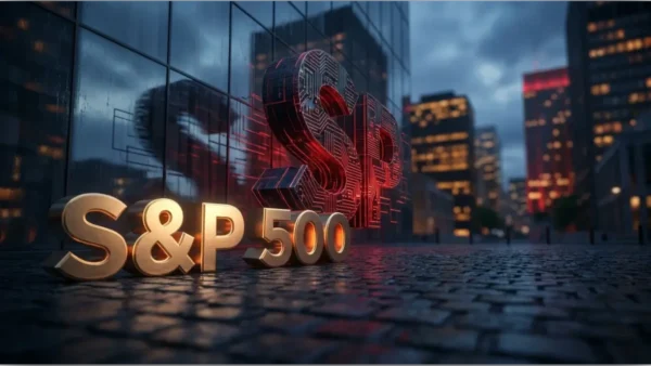 Graphique boursier en baisse de l'indice SP500 avec des barres rouges et une puce électronique