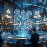 Trader devant des écrans affichant des graphiques boursiers du SP500 et de l'intelligence artificielle