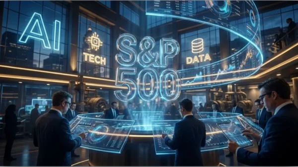 Trader devant des écrans affichant des graphiques boursiers du SP500 et de l'intelligence artificielle