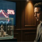 Un investisseur observe des jetons Ethereum sécurisés dans une vitrine devant un graphique de prix en chute avec le chiffre 31 %
