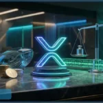 Investisseur crypto avec une baleine en argent observant un graphique de prix stable pour le XRP