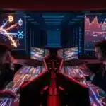 Illustration réaliste du marché crypto en stress de liquidité avec Bitcoin, Ethereum et XRP sous pression
