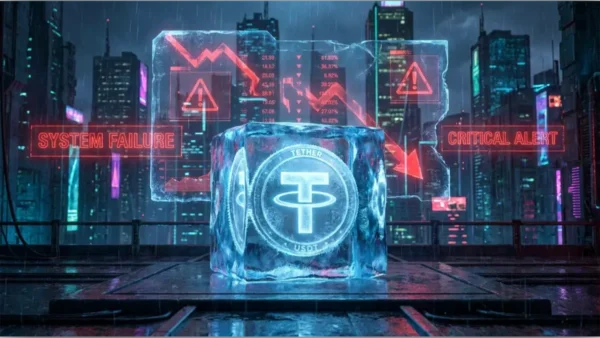 Logo Tether USDT emprisonné dans la glace avec alertes rouges de défaillance système en arrière-plan