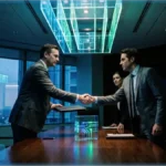 Poignée de main entre deux hommes d'affaires dans un bureau futuriste symbolisant le rachat de Twenty One Capital par Tether