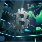 Un analyste financier observe avec concentration un graphique du cours du Bitcoin sur son écran, illustrant la pression sur le support technique.
