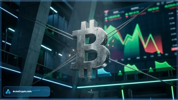 Un analyste financier observe avec concentration un graphique du cours du Bitcoin sur son écran, illustrant la pression sur le support technique.