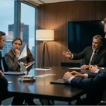 Dirigeants d'entreprise en réunion autour d'un jeton Ethereum et de graphiques financiers sur tablette