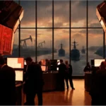 Salle de marché Wall Street avec graphiques boursiers en baisse et vue sur des navires de guerre et puits de pétrole