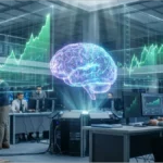 Représentation de Wall Street avec un cerveau numérique symbolisant l'IA et un baril de pétrole en chute