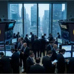 Traders à Wall Street observant des écrans affichant le logo Dogecoin dans le cadre du minage Dogecoin