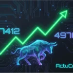 Graphique boursier avec un taureau lumineux et une flèche ascendante symbolisant la hausse de Wall Street et du S&P 500 à 7412 points