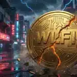 Pièce d'or WLFI brisée dans une rue sombre sous l'orage illustrant la crise de World Liberty Financial