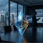 Trader de World Liberty Financial analysant un graphique de baisse de l'Ethereum sur une tablette dans un bureau