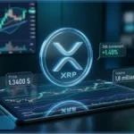 Illustration 3D du logo XRP flottant au-dessus d'un graphique d'analyse technique, montrant le prix, le volume et les indicateurs du marché crypto.