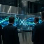 Graphique conceptuel montrant le jeton XRP sur un support technique lumineux