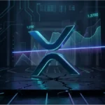 Logo XRP en 3D sur un sol brisé avec des graphiques financiers illustrant la chute du cours