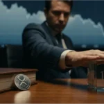 Pièce XRP physique et cube en verre indiquant 1,37 dollar sur un bureau de trader