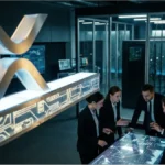 Structure géométrique symbolisant le réseau XRP dans une salle de marché avec des graphiques financiers