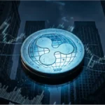 Jeton XRP sur fond de graphiques boursiers et gratte-ciels pour illustrer la tokenisation des actifs