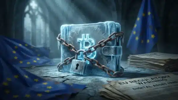 Image d'un portefeuille Bitcoin gelé et enchaîné représentant les sanctions contre Zondacrypto