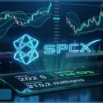 Graphique financier futuriste montrant le cours de l'action SpaceX SPCX a 202 dollars