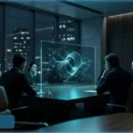 Des dirigeants de banque en réunion de nuit analysent une interface holographique du XRP Ledger, symbolisant l'adoption institutionnelle de la technologie Ripple.